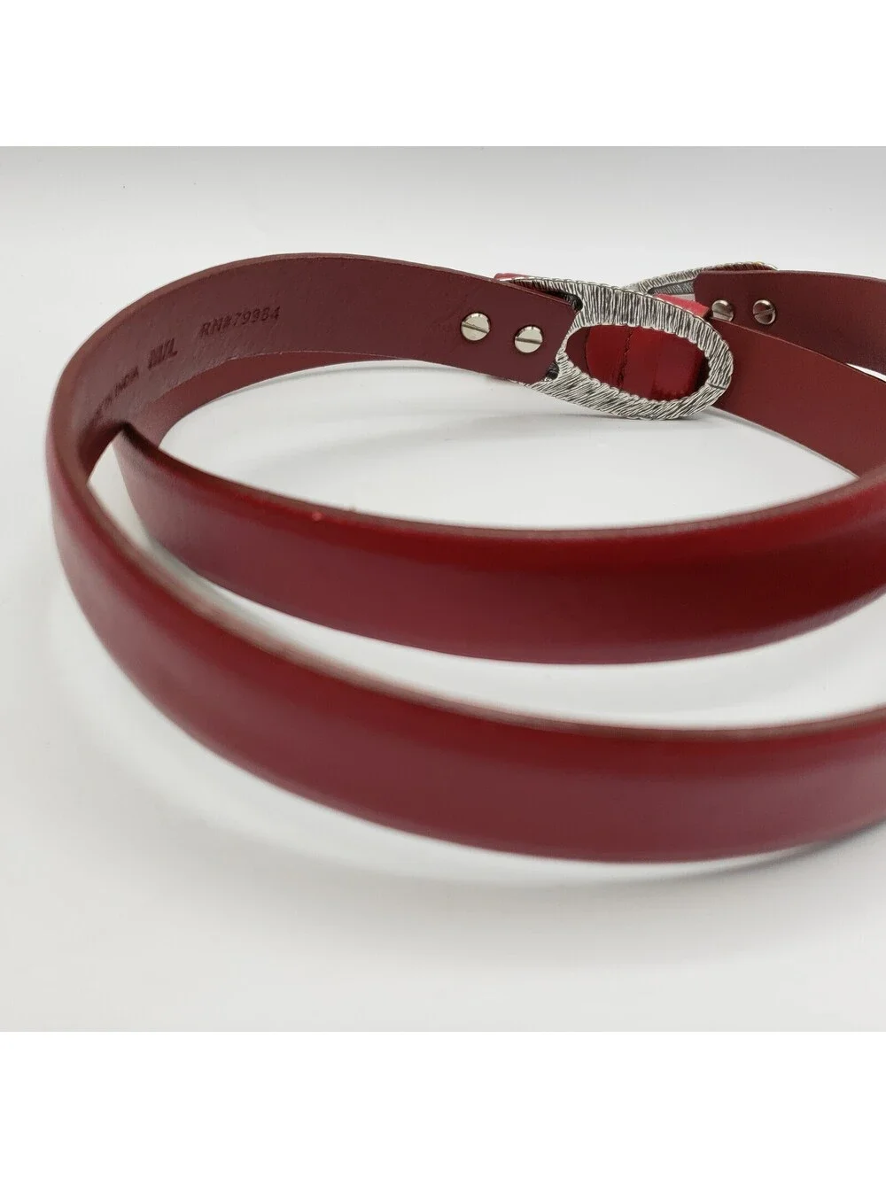 Chico's Red Leather Belt Adjustable M/L # 79984 Silver Gold Buckle
